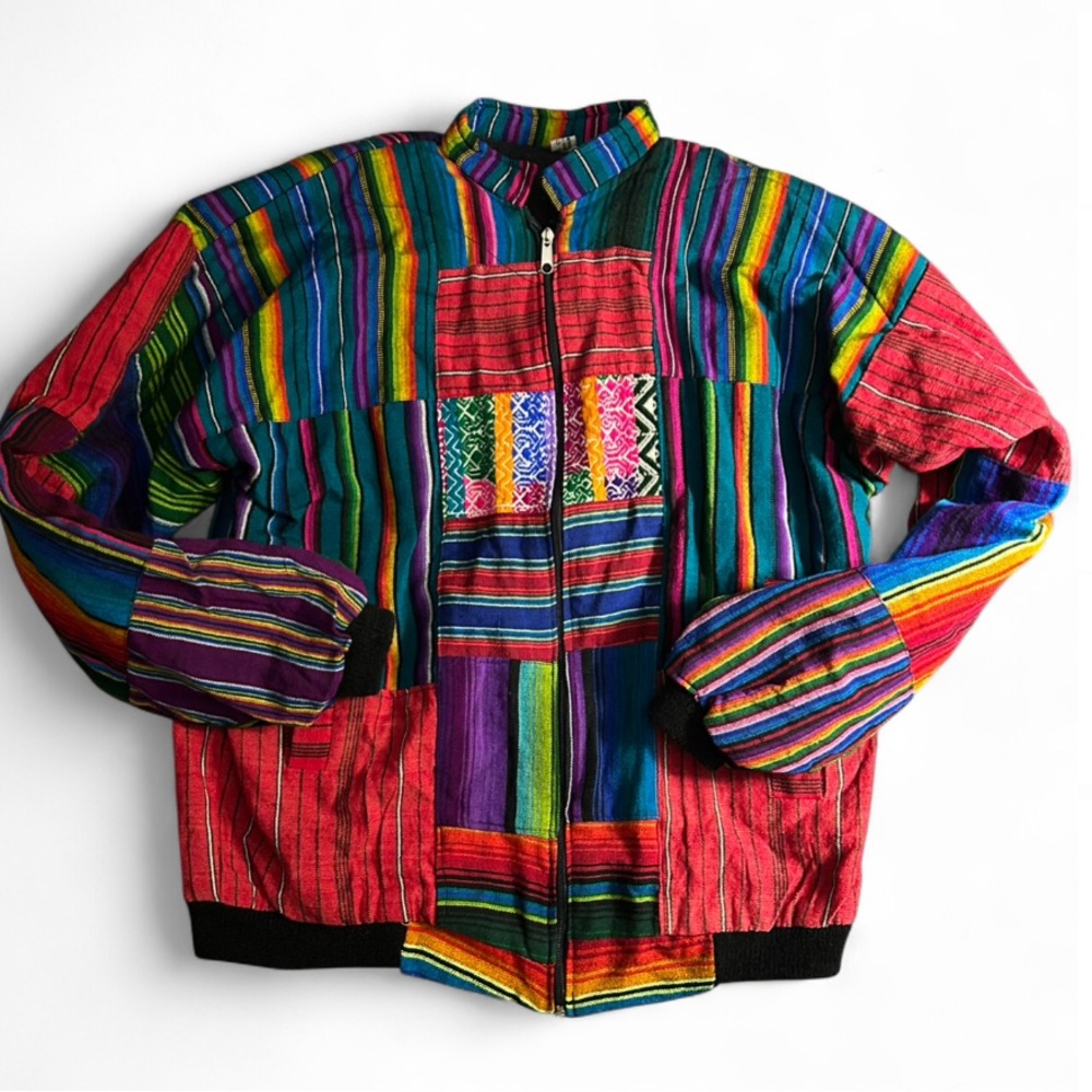 Vintage Handmade Guatemalan Serape Colorful Striped Patchwork Jacket